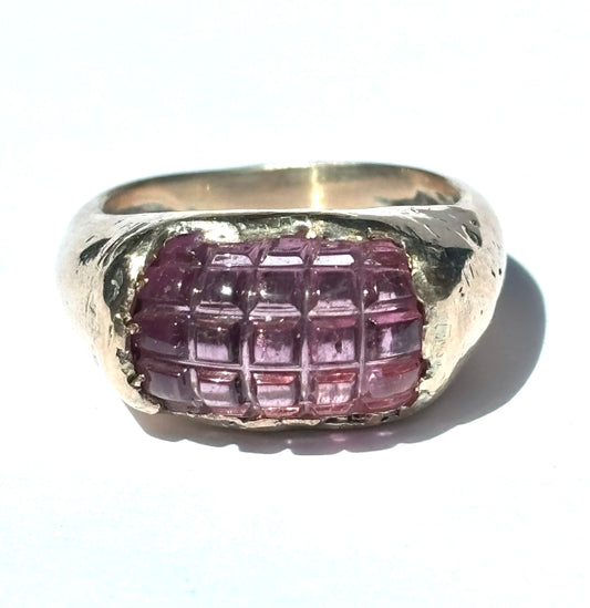 Cross roads pink tourmaline and 9ct rose gold chunky ring