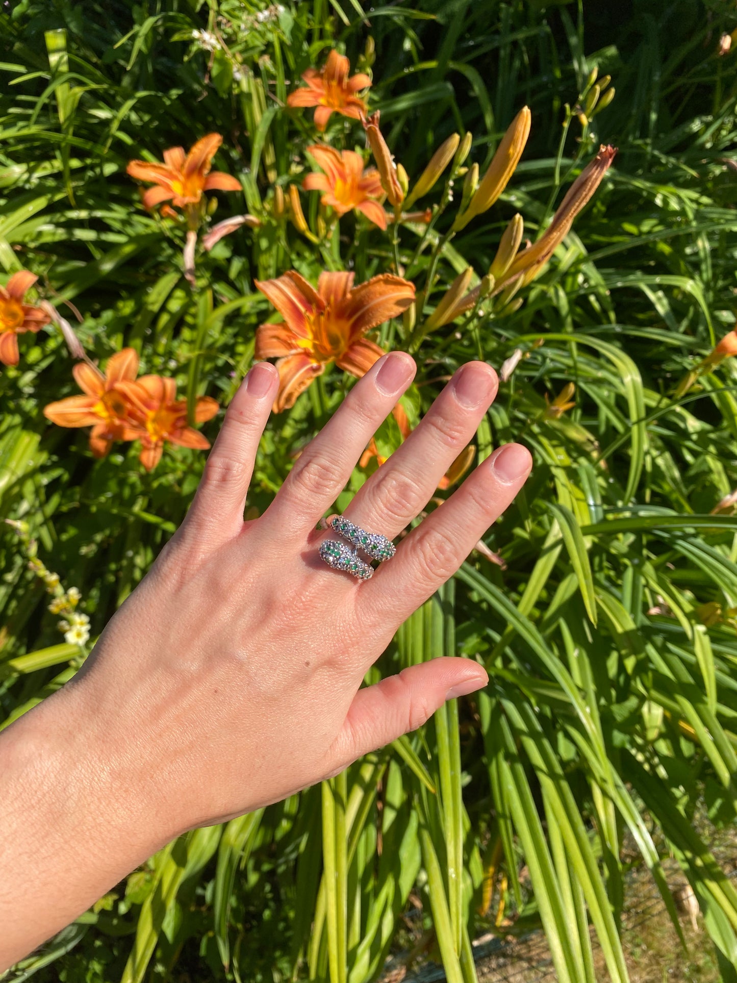 Amphisbaena Snake Ring with Emeralds and Cubic Zirconias