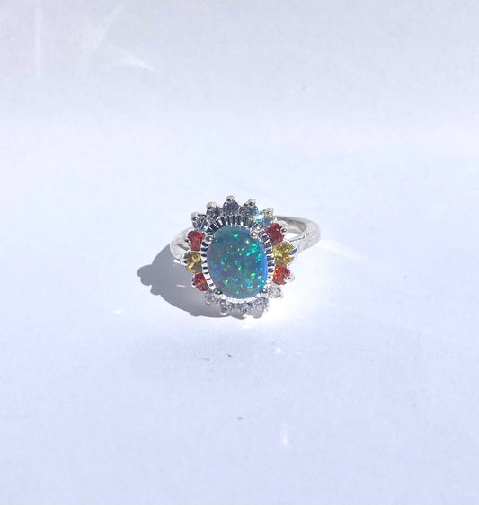 blue opal cubic circonias vintage silver ring