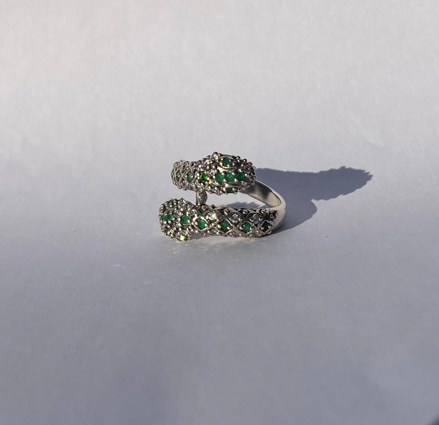 Amphisbaena Snake Ring with Emeralds and Cubic Zirconias